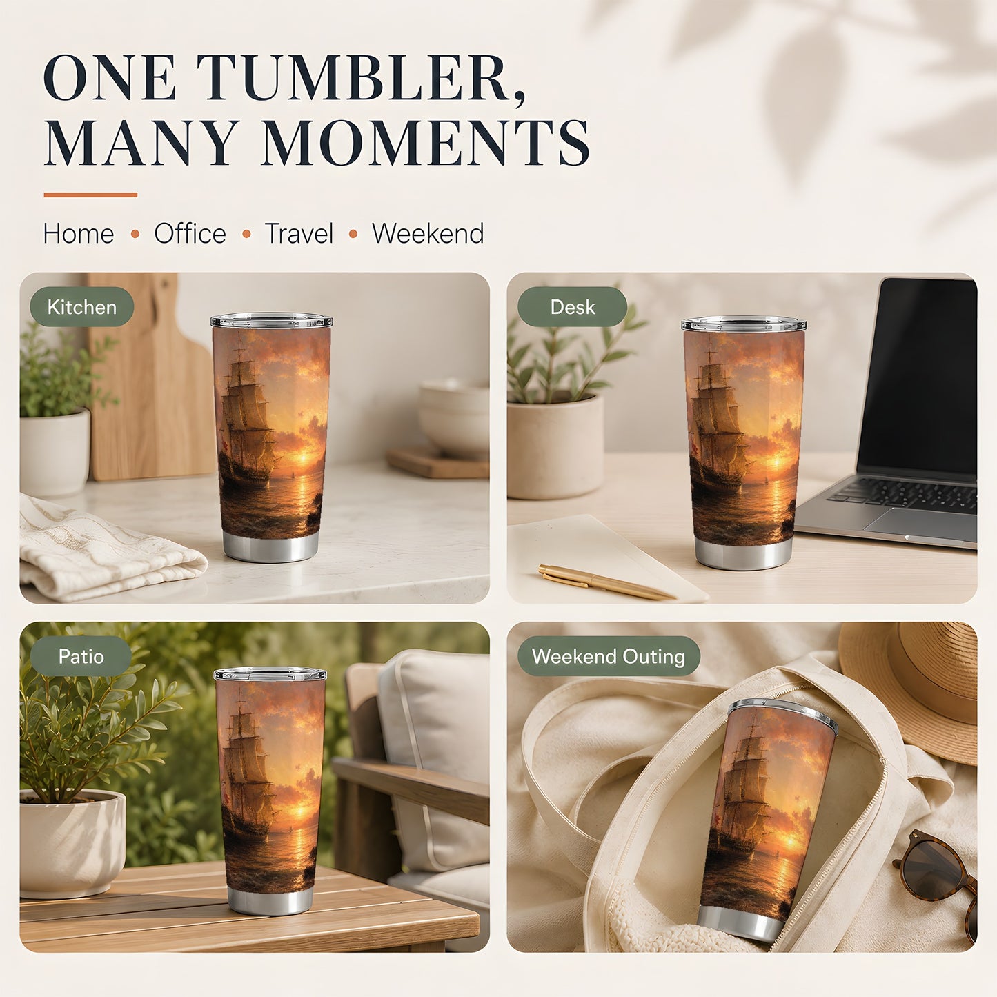 #pl[20oz|Steel] Tall Ship Sunset 20oz Skinny Tumbler, Vintage Sailing Ocean Scene