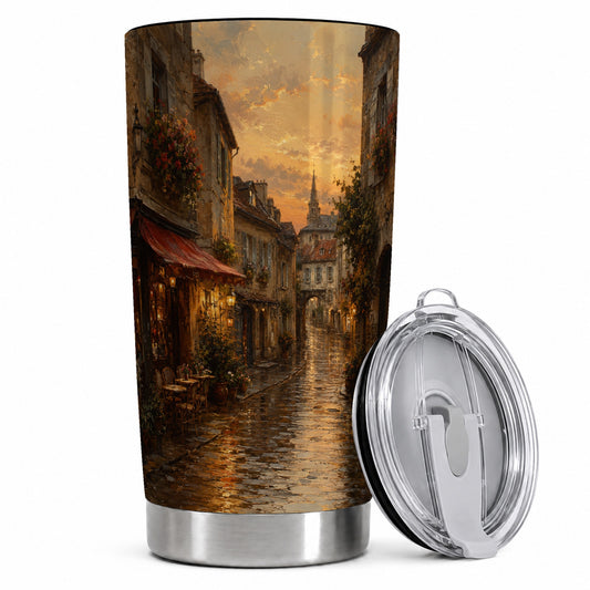Rainy Old Town 20oz Skinny Tumbler, Cozy European Cafe Street