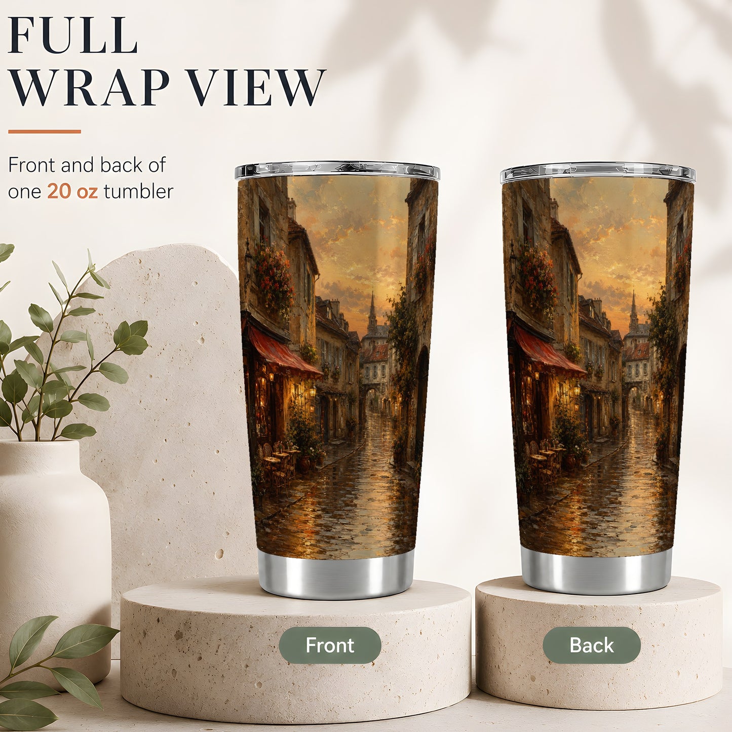 #pl[20oz|Steel] Rainy Old Town 20oz Skinny Tumbler, Cozy European Cafe Street
