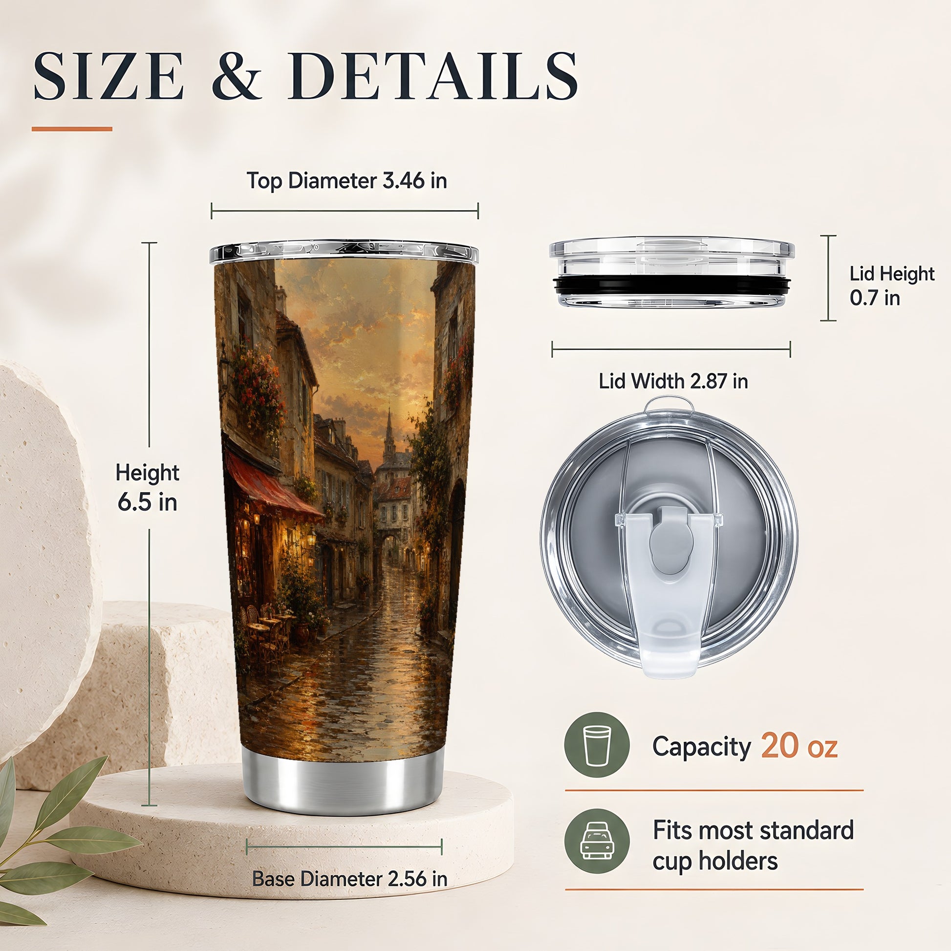 #pl[20oz|Steel] Rainy Old Town 20oz Skinny Tumbler, Cozy European Cafe Street
