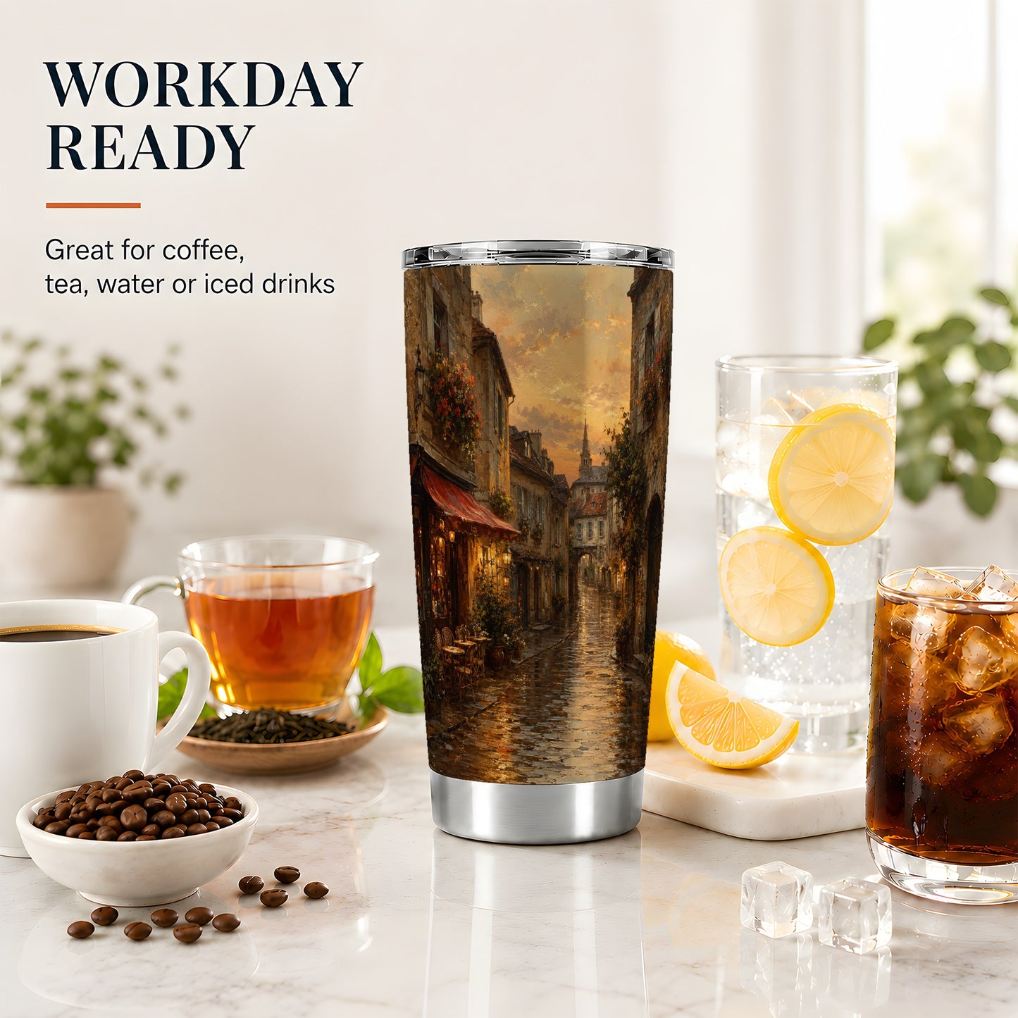 #pl[20oz|Steel] Rainy Old Town 20oz Skinny Tumbler, Cozy European Cafe Street