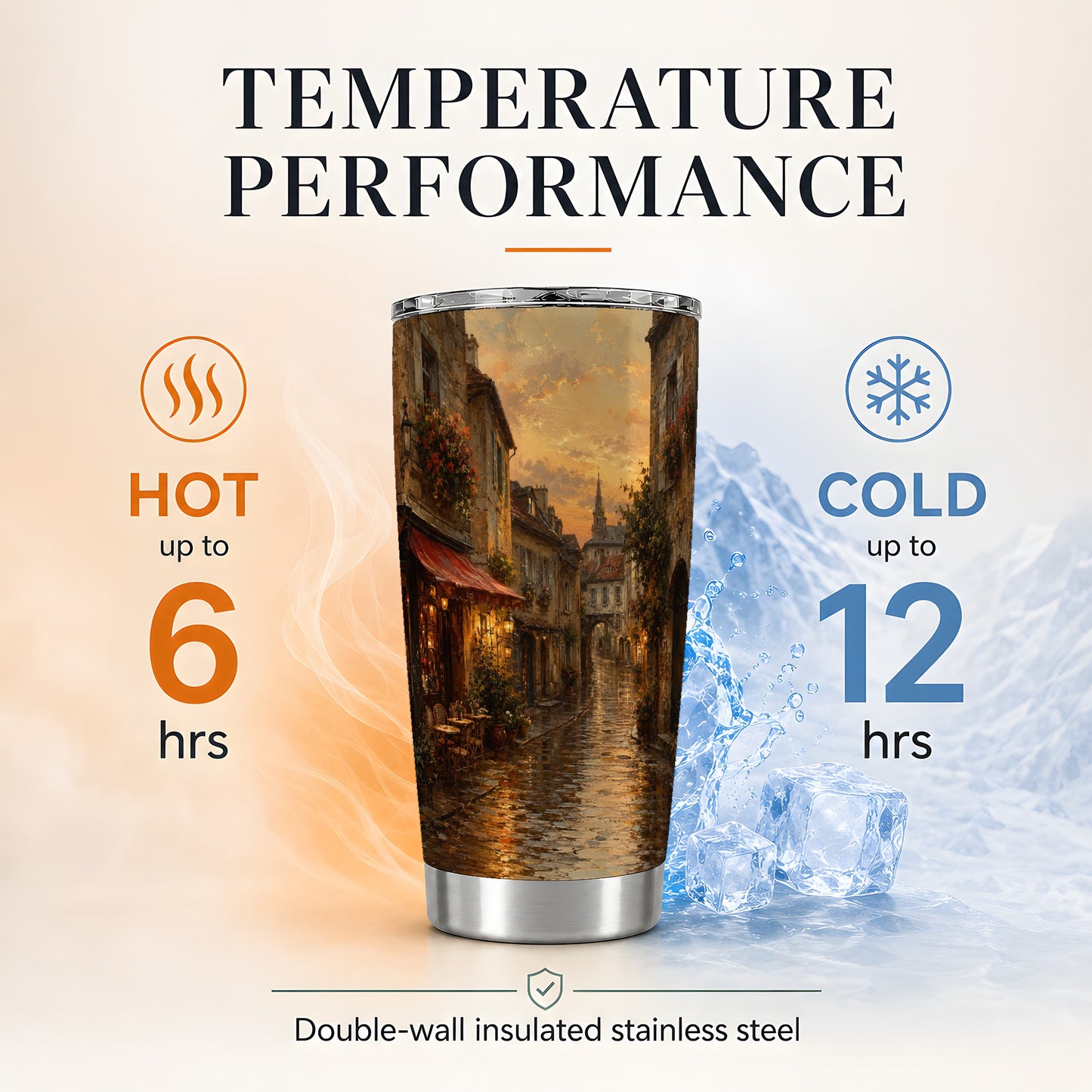 #pl[20oz|Steel] Rainy Old Town 20oz Skinny Tumbler, Cozy European Cafe Street