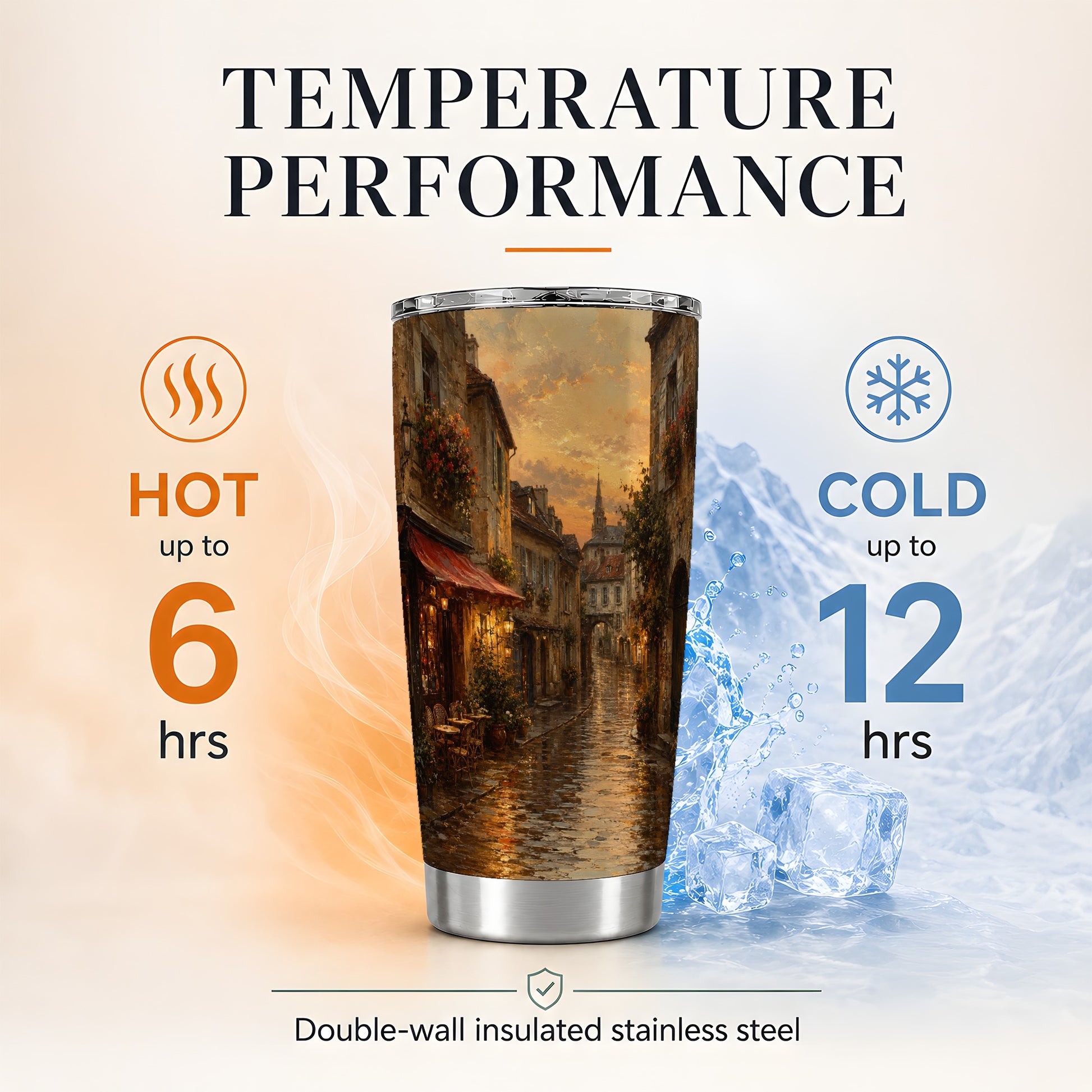 #pl[20oz|Steel] Rainy Old Town 20oz Skinny Tumbler, Cozy European Cafe Street