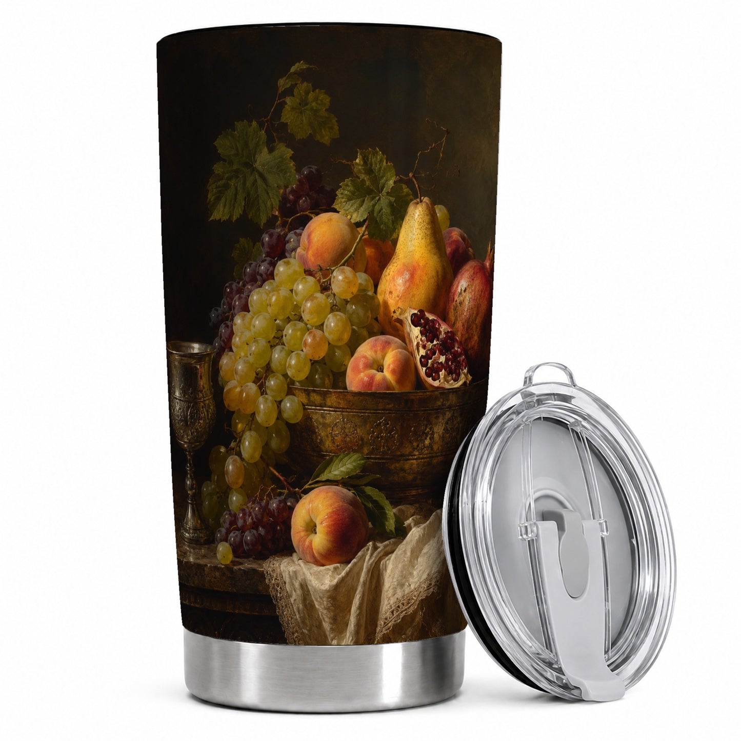Fruit Still Life 20oz Skinny Tumbler, Vintage Grapes Pomegranate Art