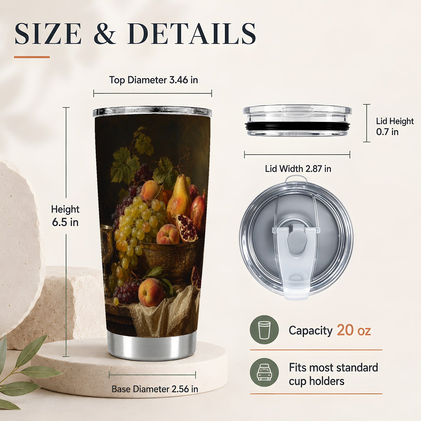 #pl[20oz|Steel] Fruit Still Life 20oz Skinny Tumbler, Vintage Grapes Pomegranate Art