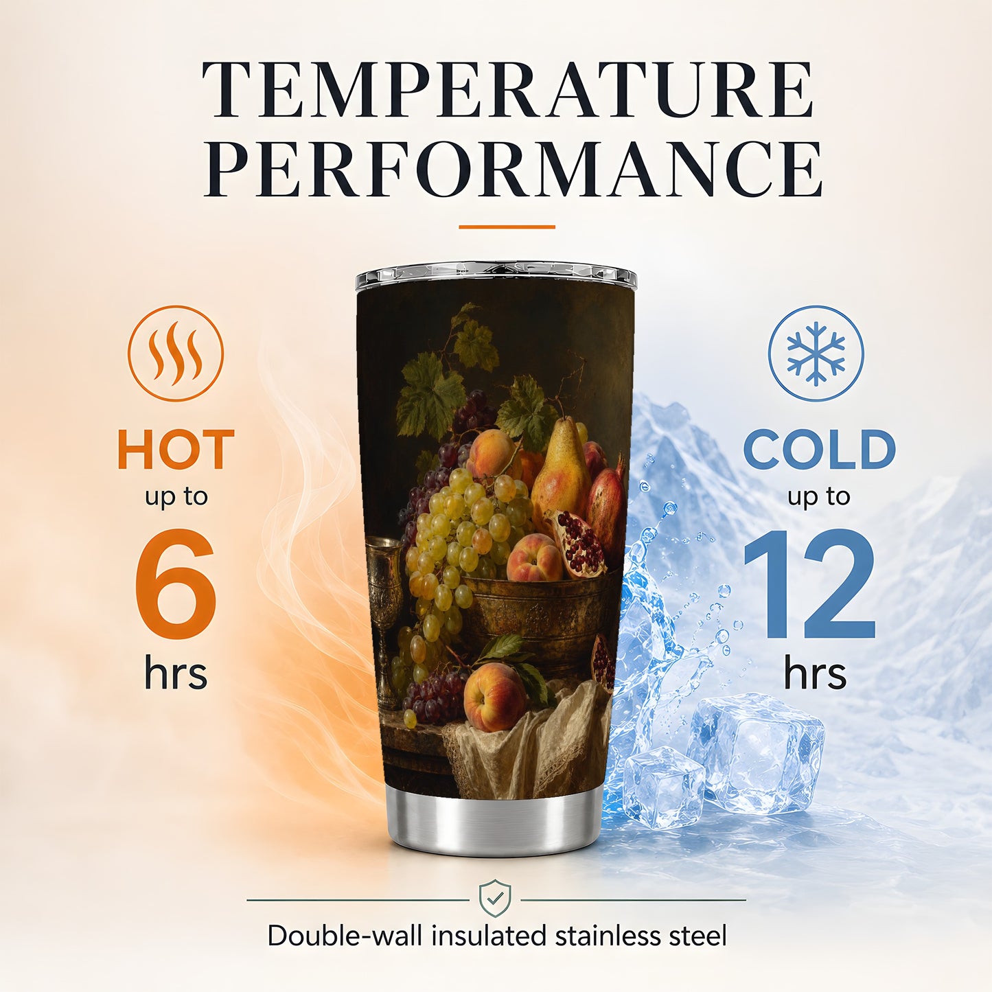 #pl[20oz|Steel] Fruit Still Life 20oz Skinny Tumbler, Vintage Grapes Pomegranate Art