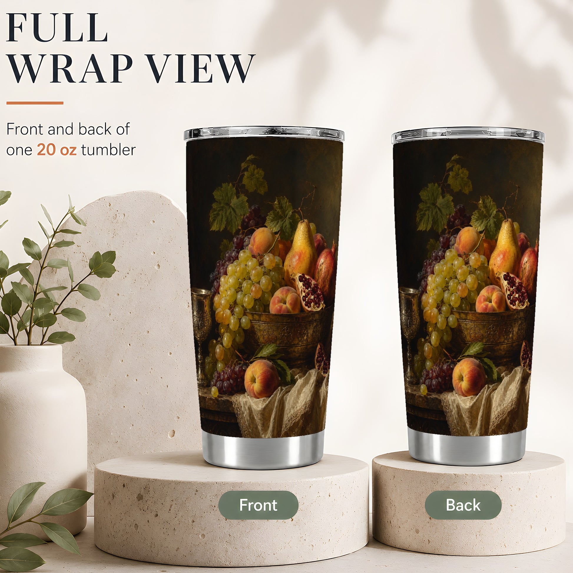 #pl[20oz|Steel] Fruit Still Life 20oz Skinny Tumbler, Vintage Grapes Pomegranate Art