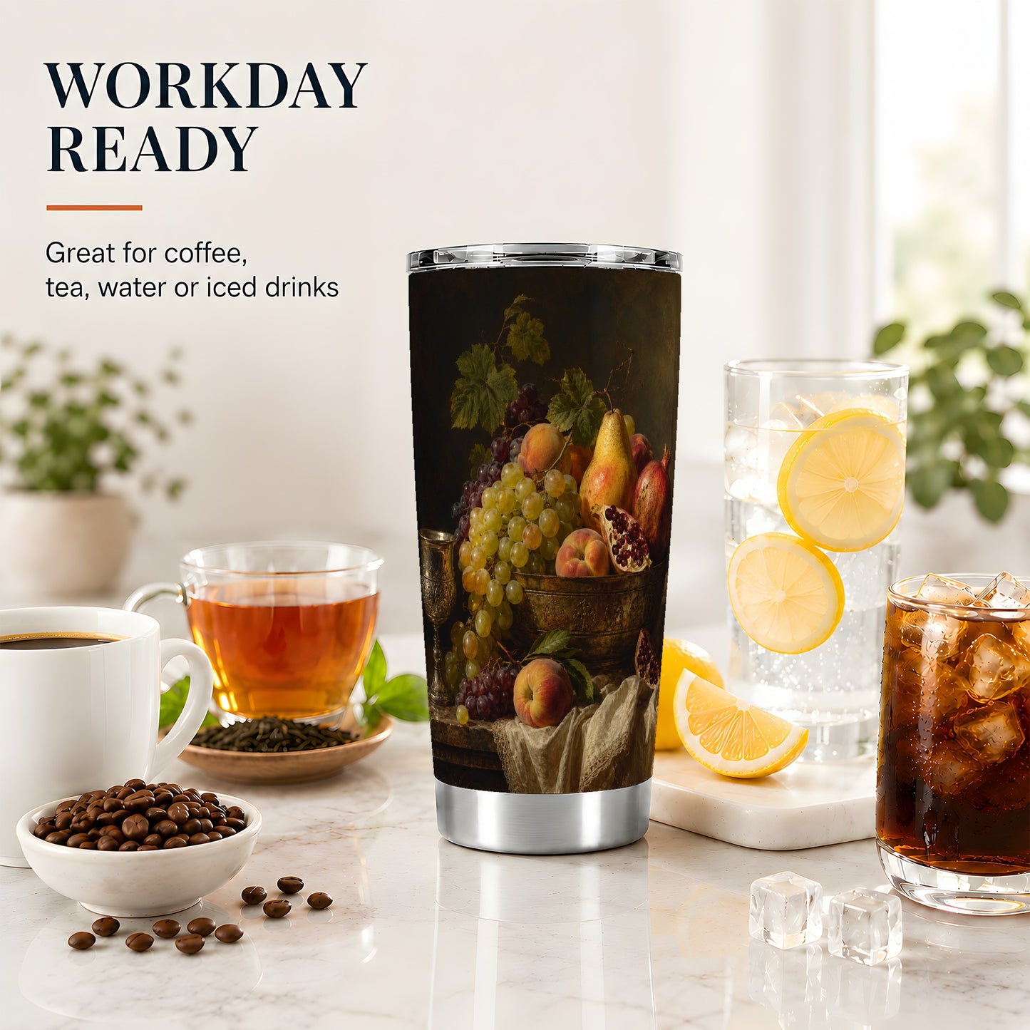 #pl[20oz|Steel] Fruit Still Life 20oz Skinny Tumbler, Vintage Grapes Pomegranate Art
