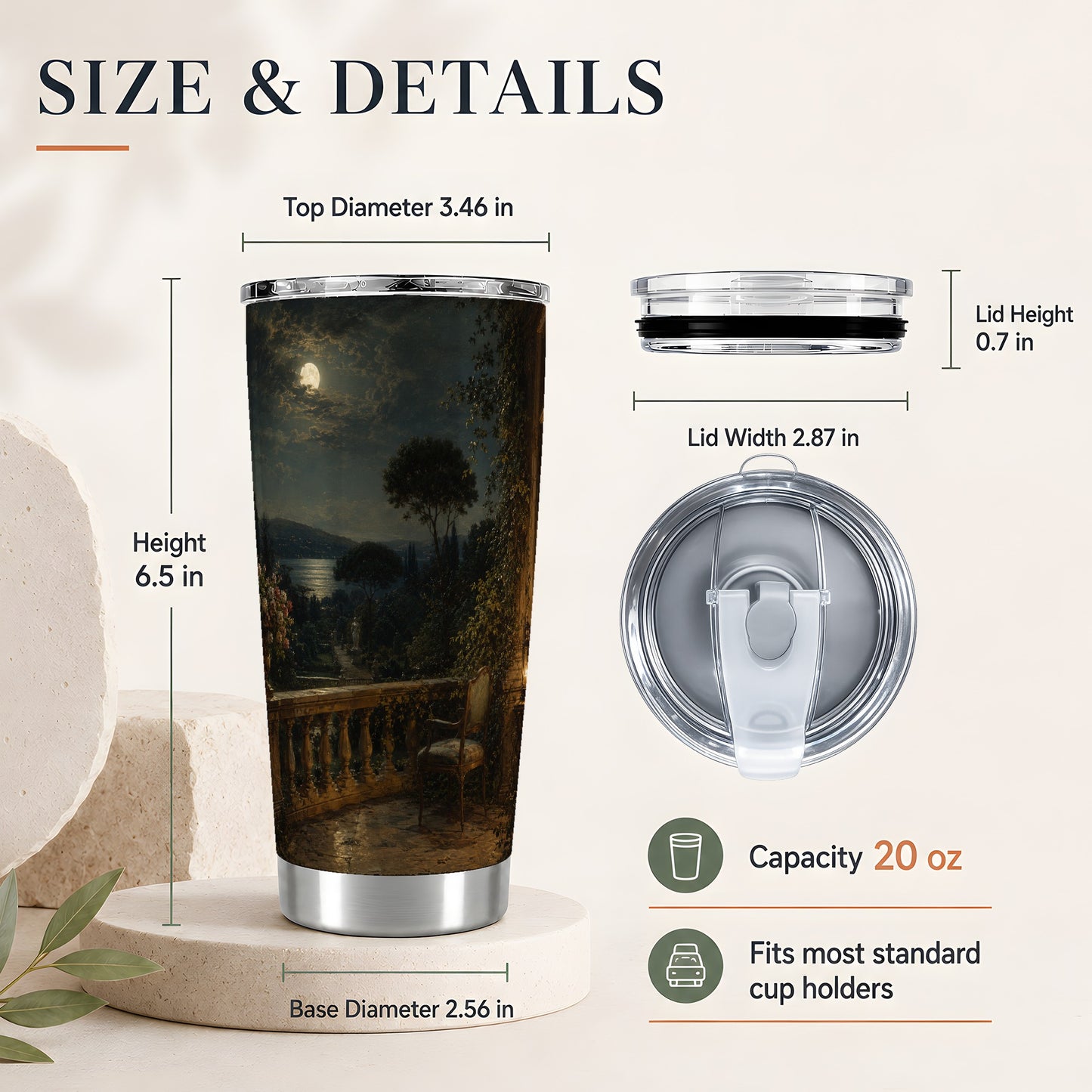 #pl[20oz|Steel] Moonlit Terrace 20oz Skinny Tumbler, Romantic Garden Night Scene