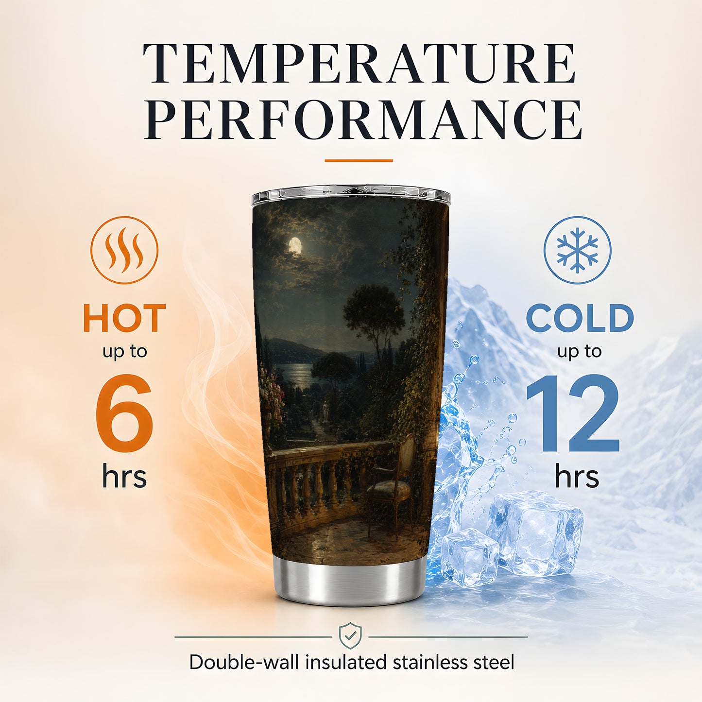 #pl[20oz|Steel] Moonlit Terrace 20oz Skinny Tumbler, Romantic Garden Night Scene