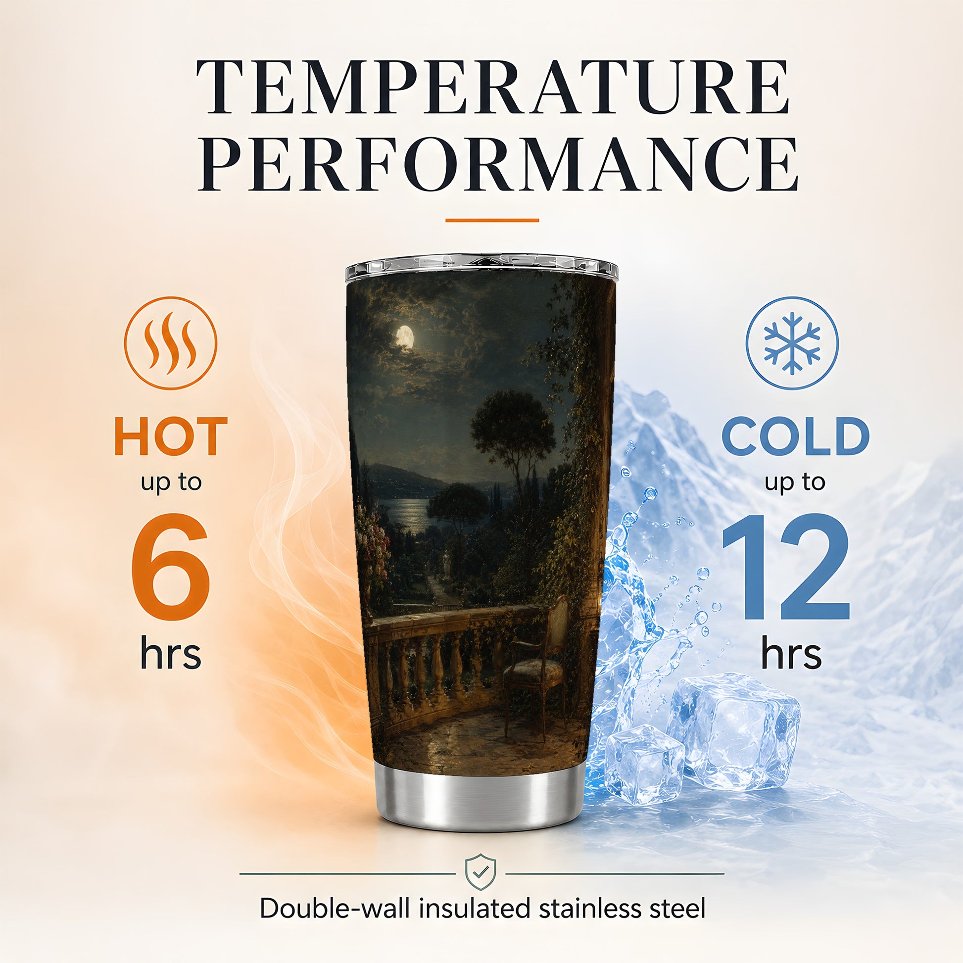 #pl[20oz|Steel] Moonlit Terrace 20oz Skinny Tumbler, Romantic Garden Night Scene