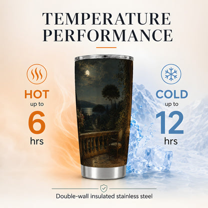 #pl[20oz|Steel] Moonlit Terrace 20oz Skinny Tumbler, Romantic Garden Night Scene