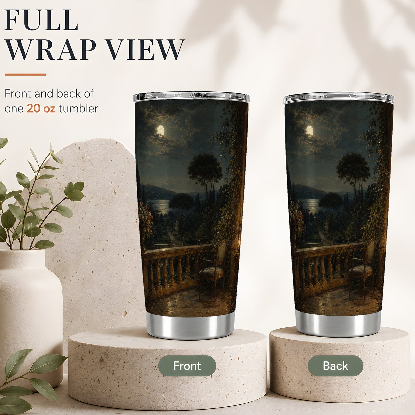 #pl[20oz|Steel] Moonlit Terrace 20oz Skinny Tumbler, Romantic Garden Night Scene