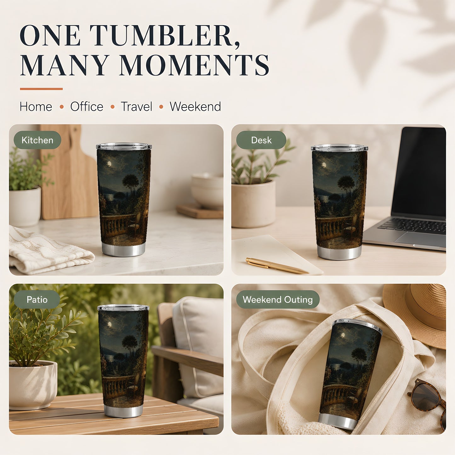 #pl[20oz|Steel] Moonlit Terrace 20oz Skinny Tumbler, Romantic Garden Night Scene