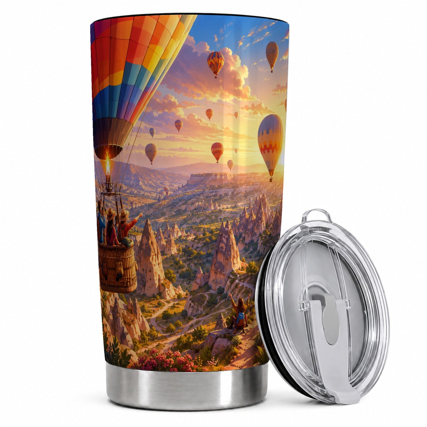 Hot Air Balloon 20oz Skinny Tumbler, Colorful Canyon Sunrise Scene