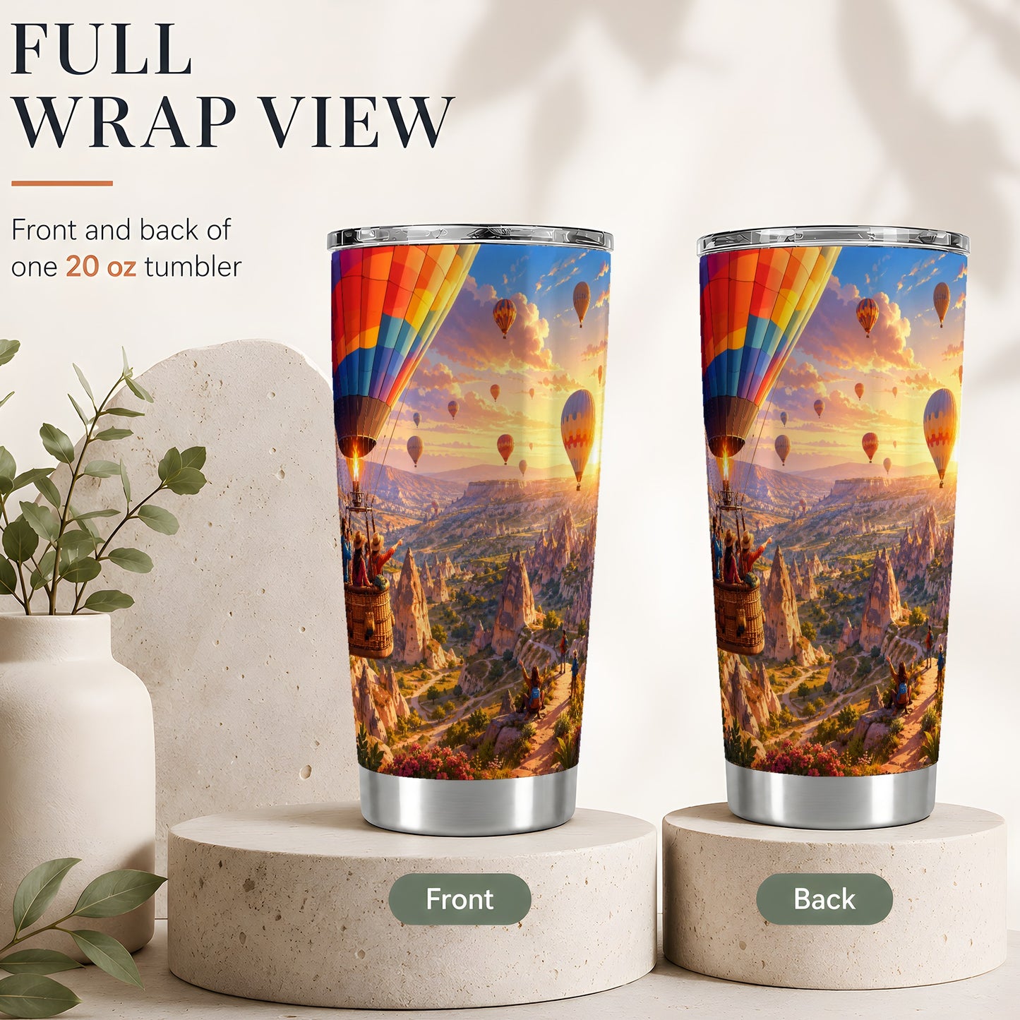 #pl[20oz|Steel] Hot Air Balloon 20oz Skinny Tumbler, Colorful Canyon Sunrise Scene