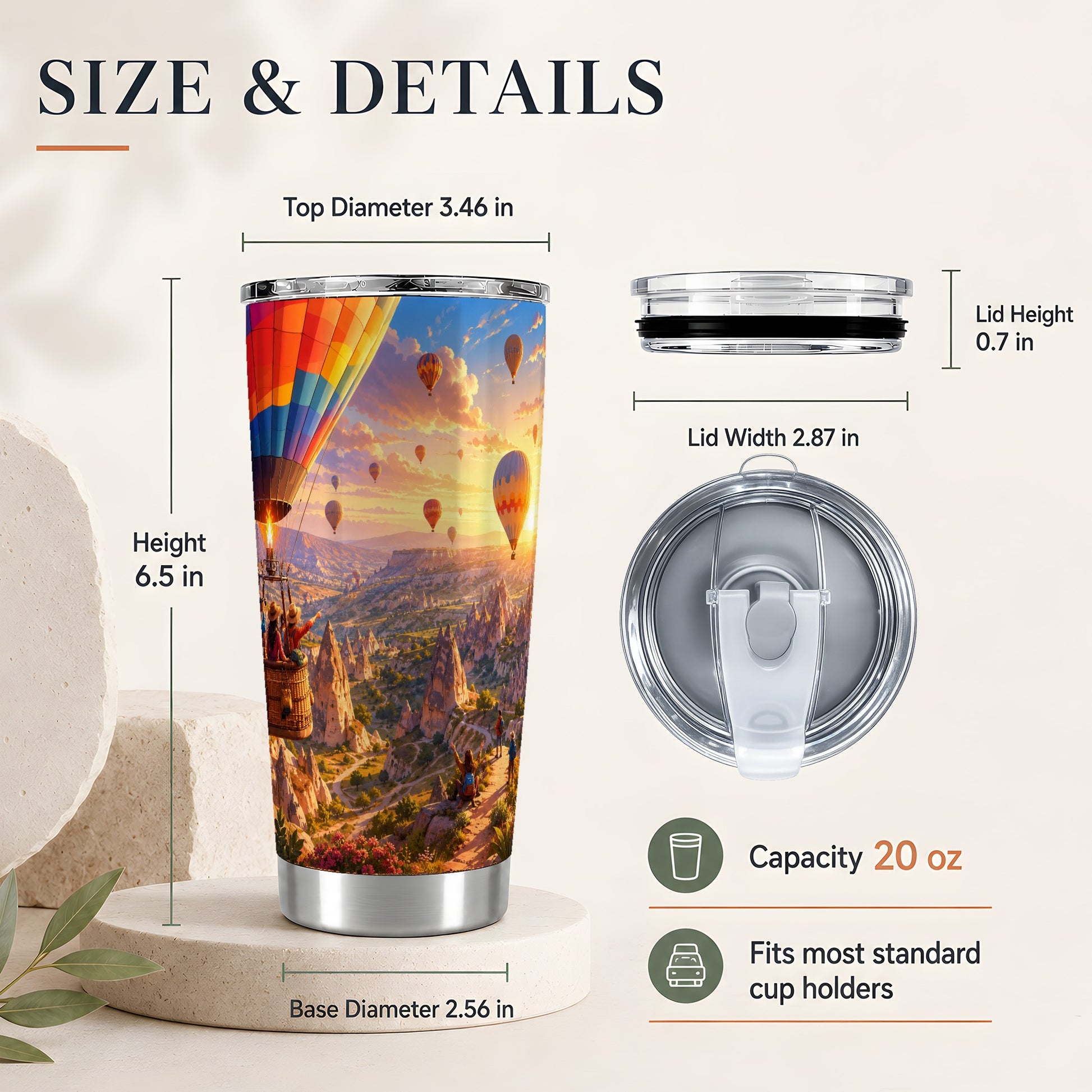 #pl[20oz|Steel] Hot Air Balloon 20oz Skinny Tumbler, Colorful Canyon Sunrise Scene
