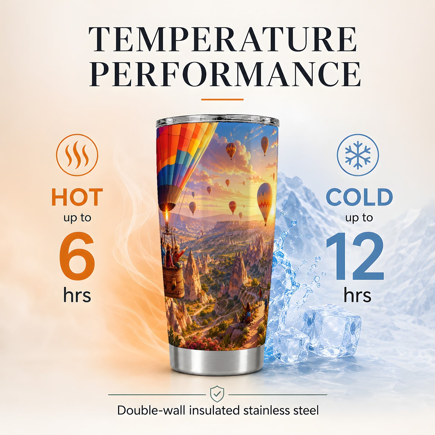 #pl[20oz|Steel] Hot Air Balloon 20oz Skinny Tumbler, Colorful Canyon Sunrise Scene
