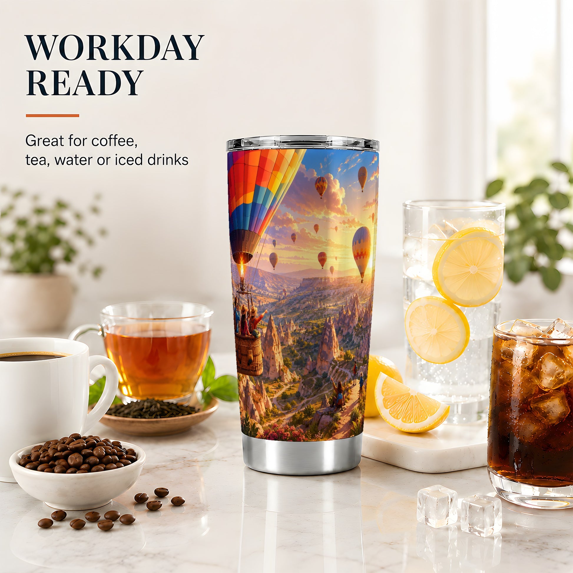 #pl[20oz|Steel] Hot Air Balloon 20oz Skinny Tumbler, Colorful Canyon Sunrise Scene