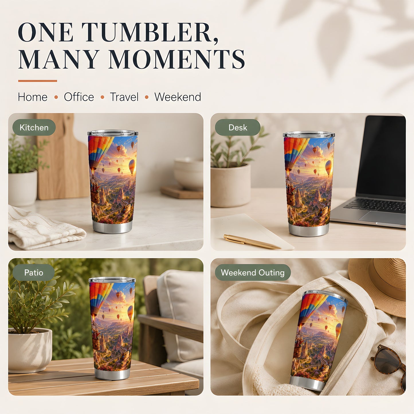 #pl[20oz|Steel] Hot Air Balloon 20oz Skinny Tumbler, Colorful Canyon Sunrise Scene
