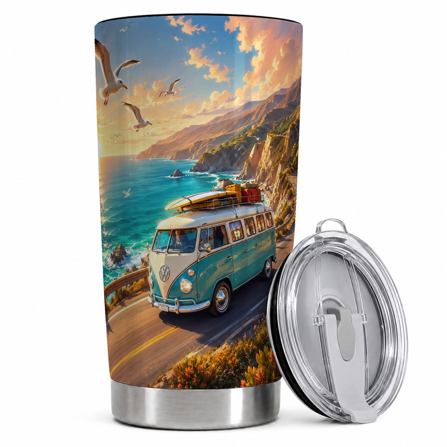 Retro Camper Van 20oz Skinny Tumbler, Coastal Road Sunset Scene