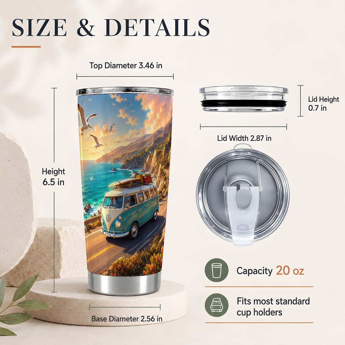 #pl[20oz|Steel] Retro Camper Van 20oz Skinny Tumbler, Coastal Road Sunset Scene