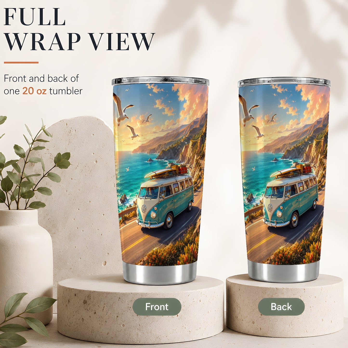 #pl[20oz|Steel] Retro Camper Van 20oz Skinny Tumbler, Coastal Road Sunset Scene