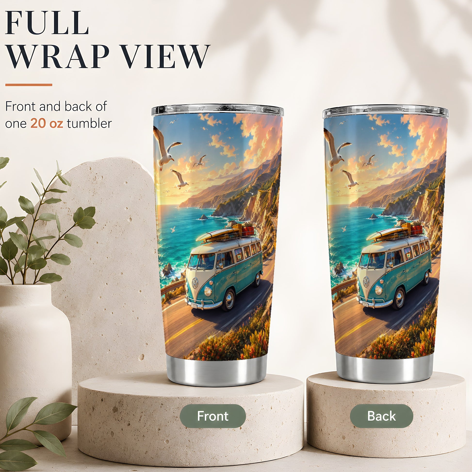 #pl[20oz|Steel] Retro Camper Van 20oz Skinny Tumbler, Coastal Road Sunset Scene