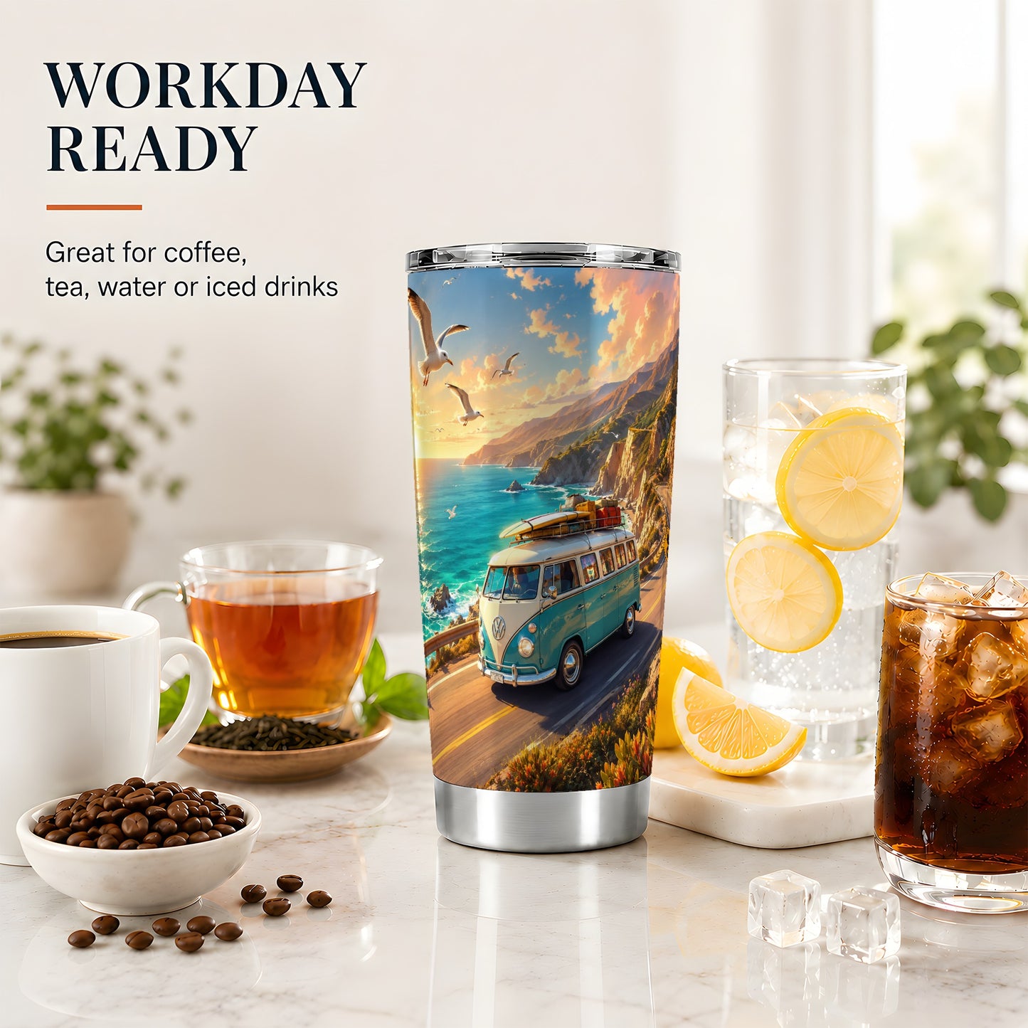 #pl[20oz|Steel] Retro Camper Van 20oz Skinny Tumbler, Coastal Road Sunset Scene