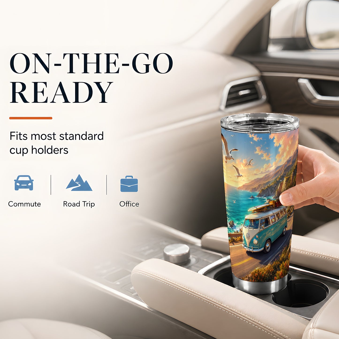 #pl[20oz|Steel] Retro Camper Van 20oz Skinny Tumbler, Coastal Road Sunset Scene