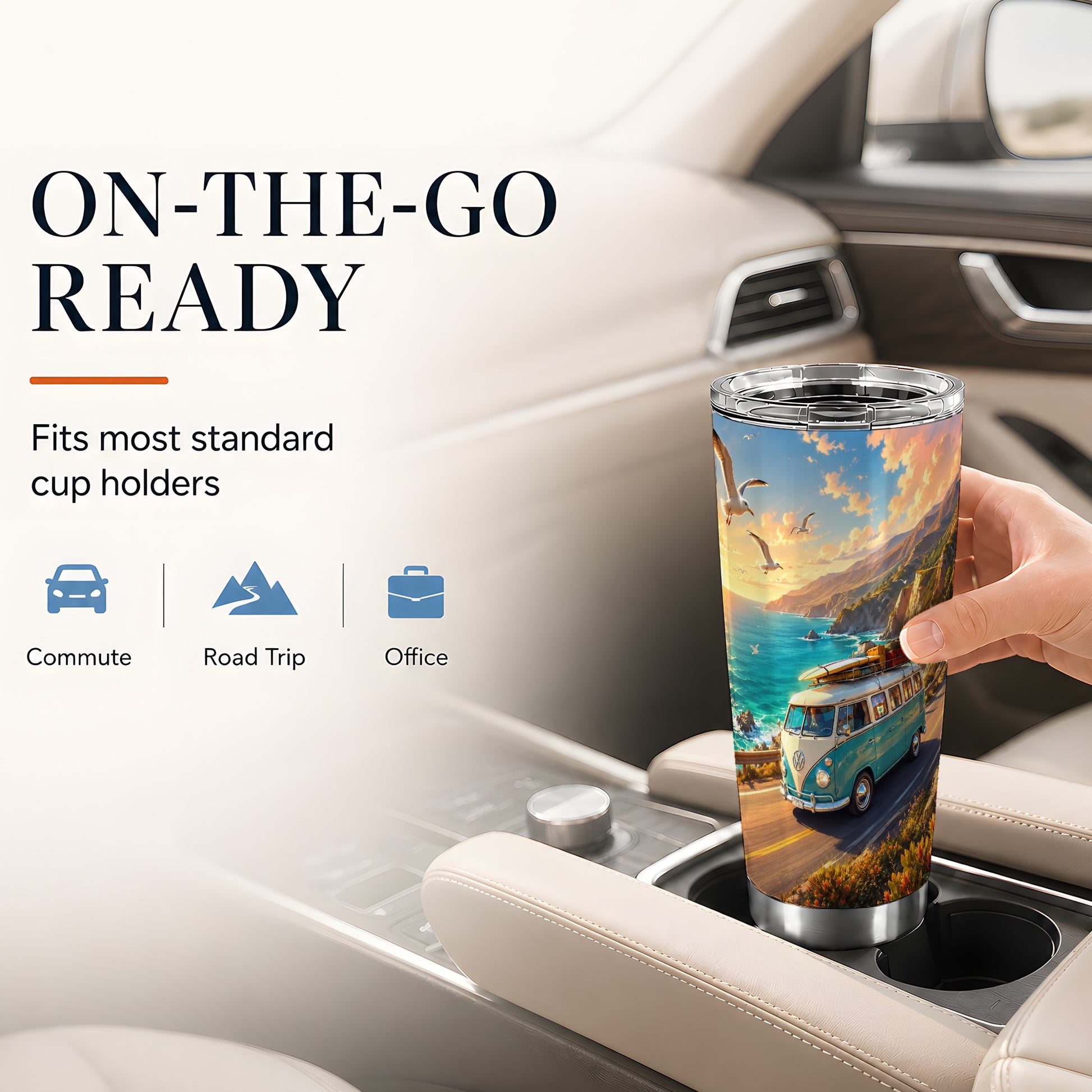 #pl[20oz|Steel] Retro Camper Van 20oz Skinny Tumbler, Coastal Road Sunset Scene
