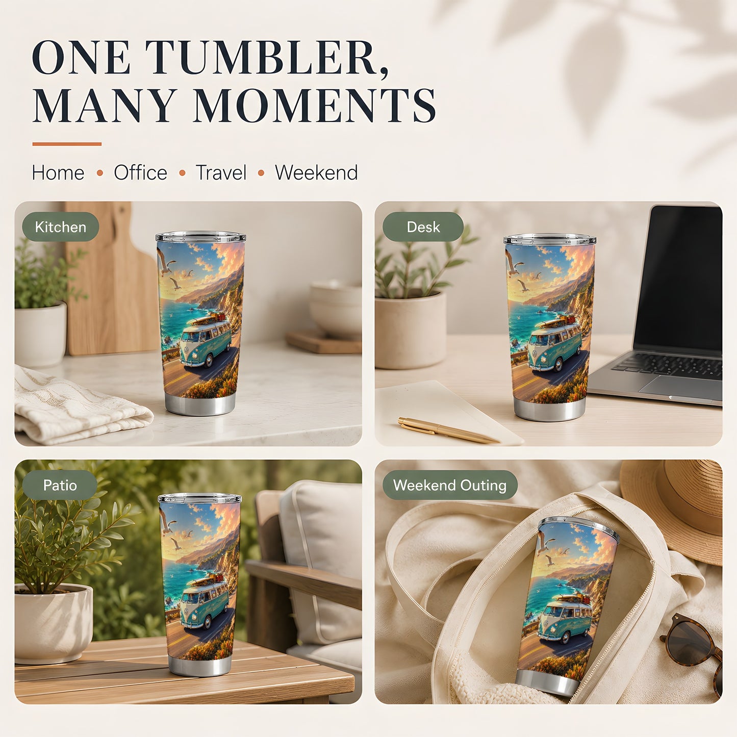 #pl[20oz|Steel] Retro Camper Van 20oz Skinny Tumbler, Coastal Road Sunset Scene