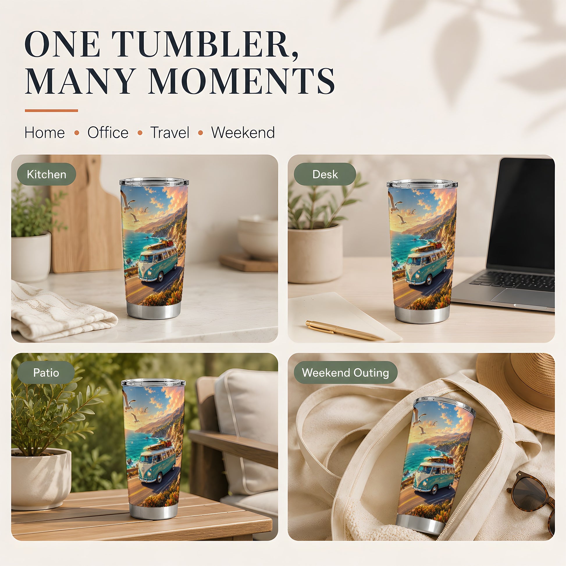 #pl[20oz|Steel] Retro Camper Van 20oz Skinny Tumbler, Coastal Road Sunset Scene