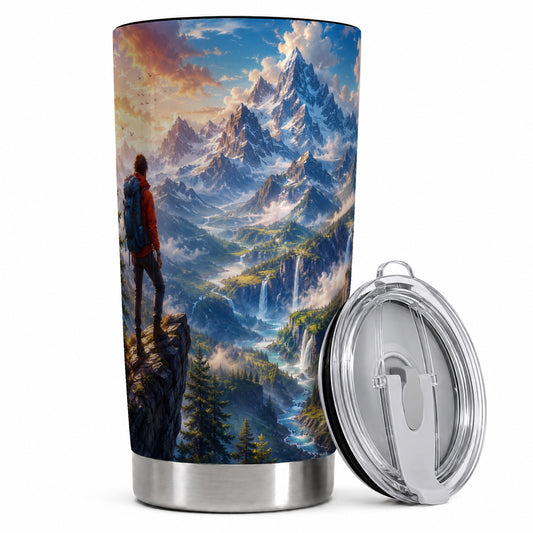 Mountain Hiker 20oz Skinny Tumbler, Alpine Peaks Waterfall Scene