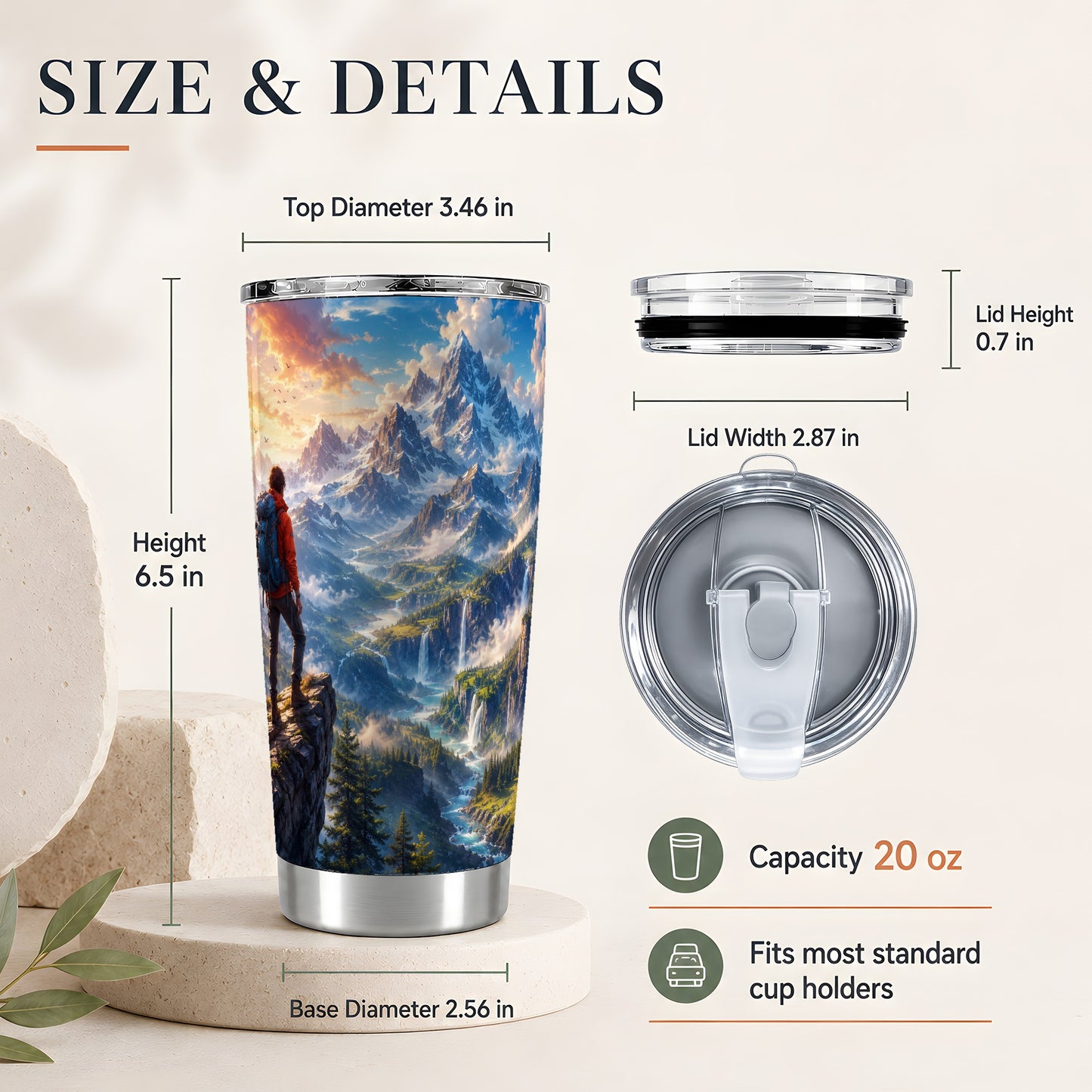 #pl[20oz|Steel] Mountain Hiker 20oz Skinny Tumbler, Alpine Peaks Waterfall Scene