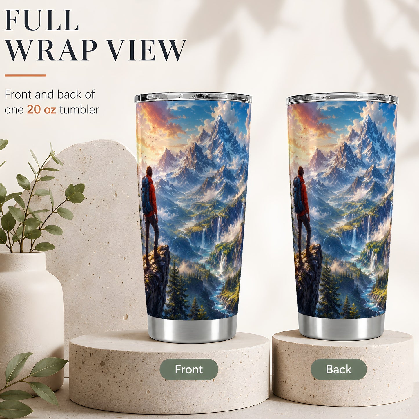 #pl[20oz|Steel] Mountain Hiker 20oz Skinny Tumbler, Alpine Peaks Waterfall Scene