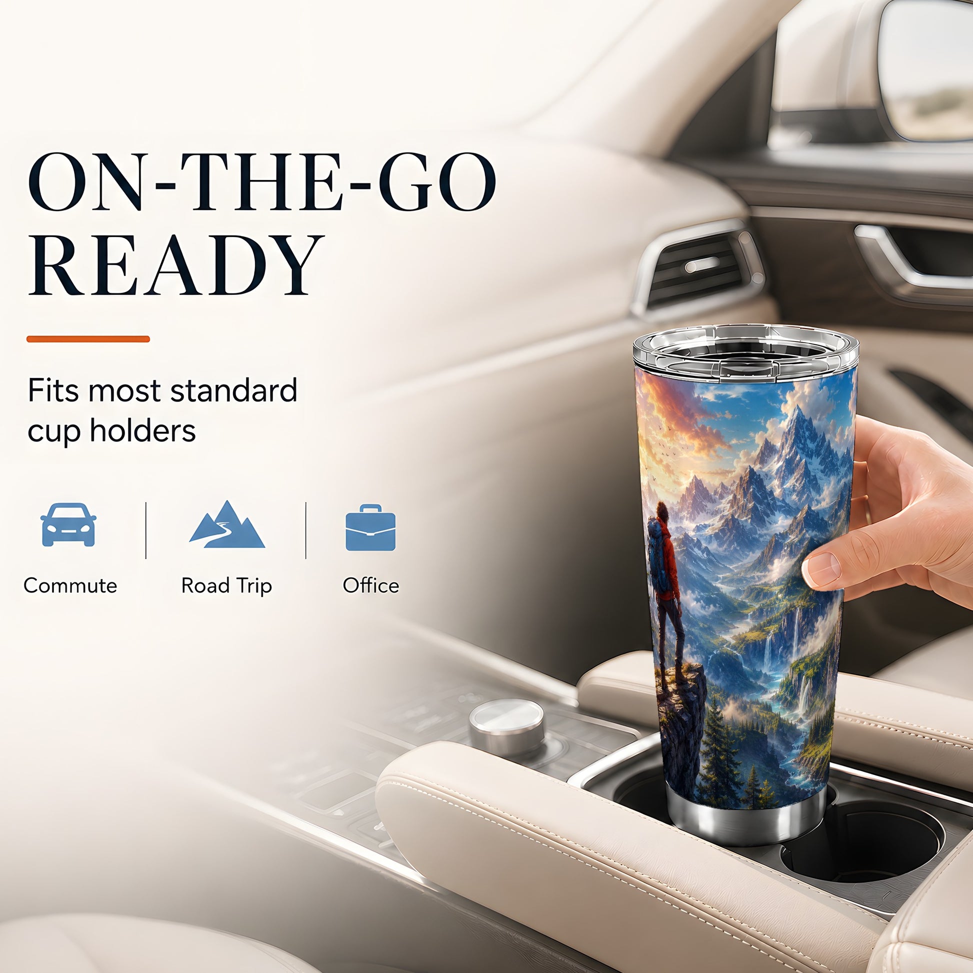 #pl[20oz|Steel] Mountain Hiker 20oz Skinny Tumbler, Alpine Peaks Waterfall Scene