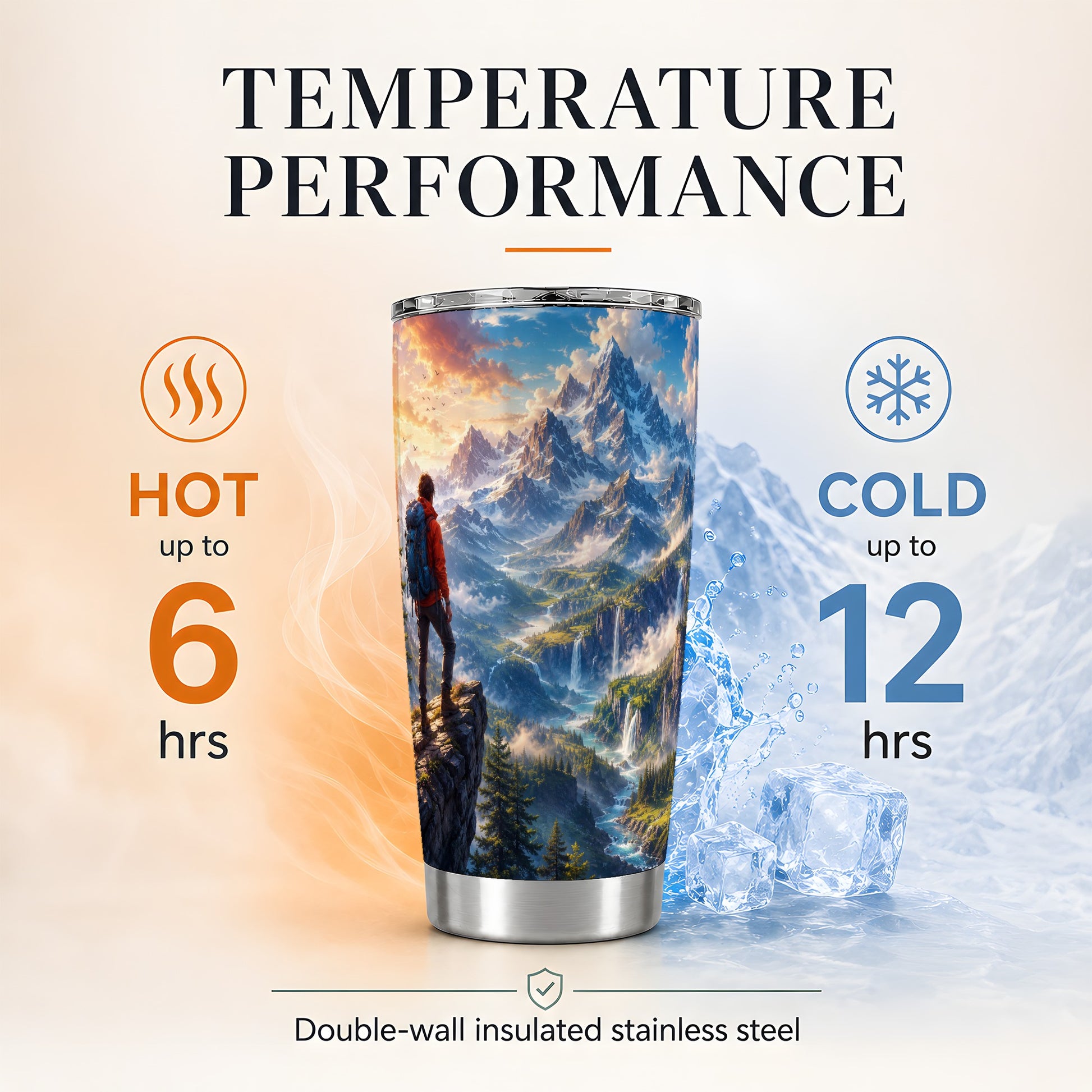 #pl[20oz|Steel] Mountain Hiker 20oz Skinny Tumbler, Alpine Peaks Waterfall Scene