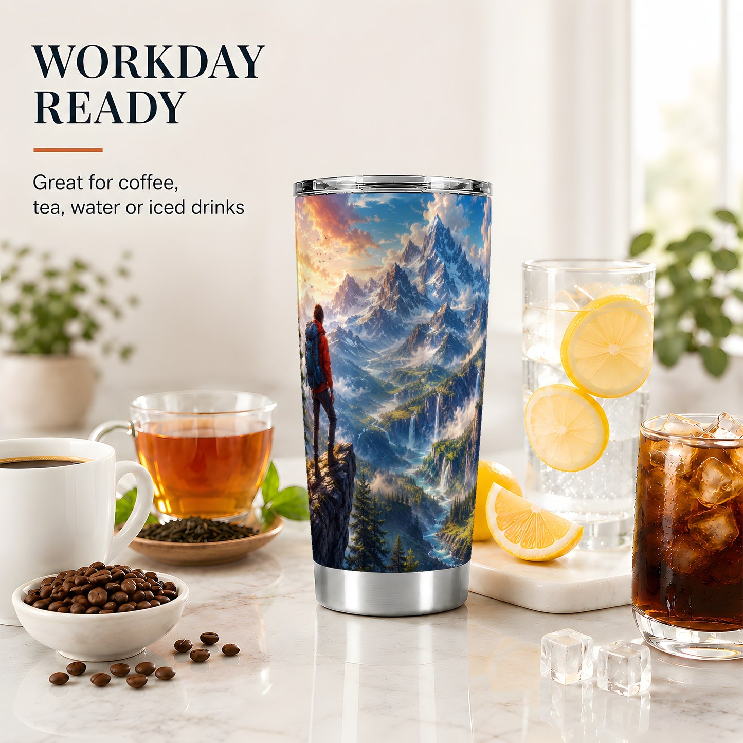 #pl[20oz|Steel] Mountain Hiker 20oz Skinny Tumbler, Alpine Peaks Waterfall Scene