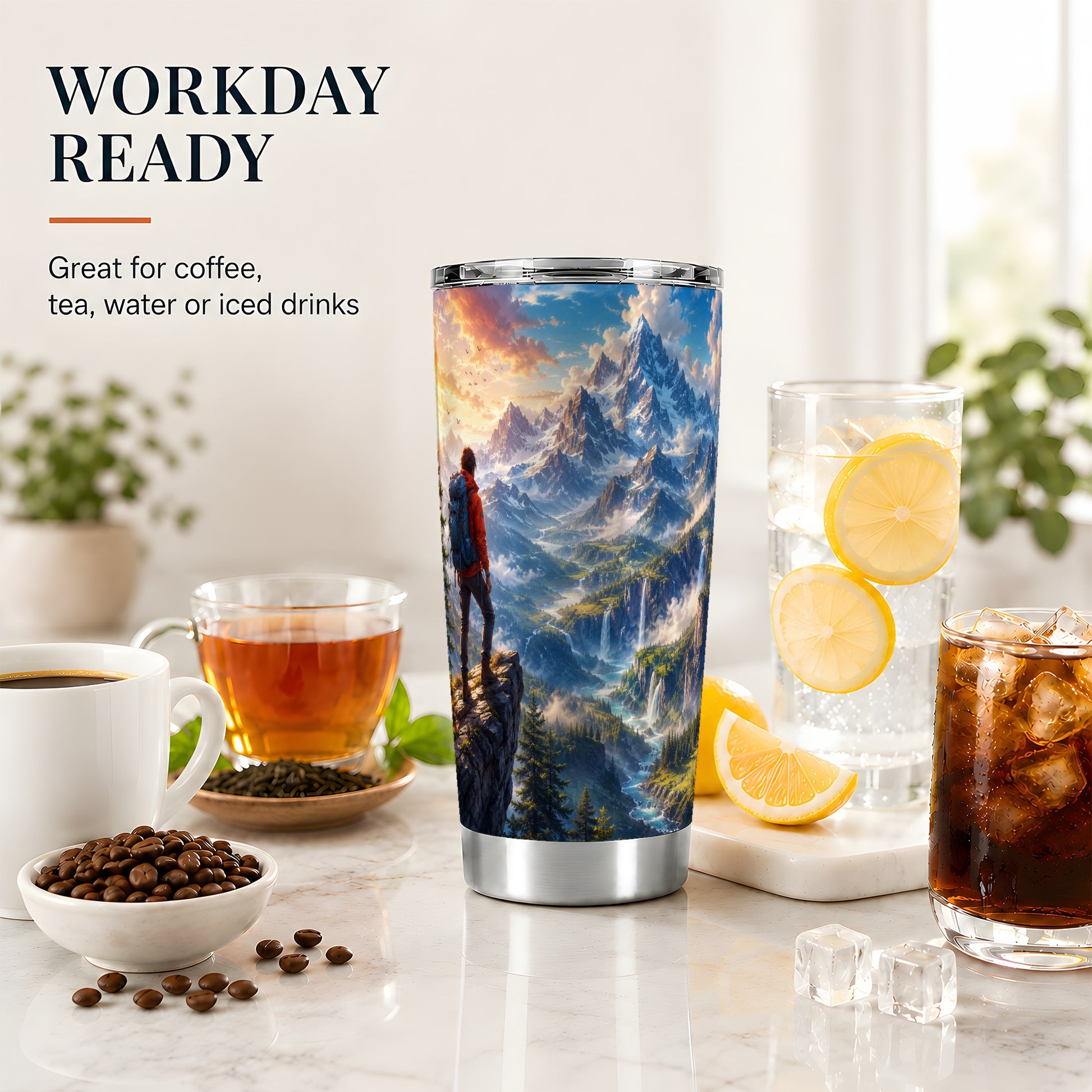 #pl[20oz|Steel] Mountain Hiker 20oz Skinny Tumbler, Alpine Peaks Waterfall Scene