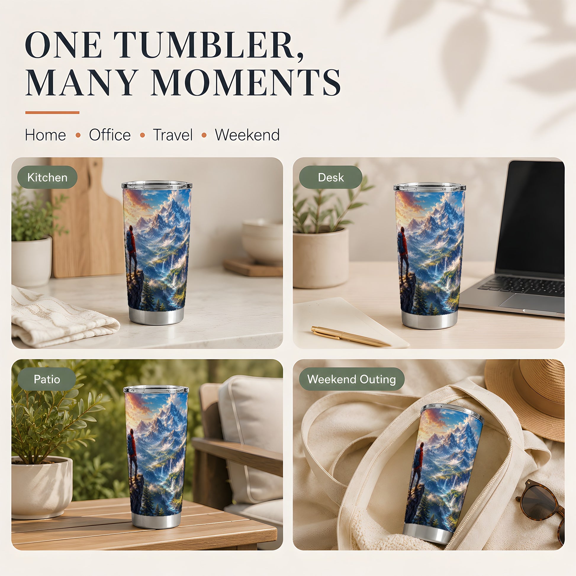 #pl[20oz|Steel] Mountain Hiker 20oz Skinny Tumbler, Alpine Peaks Waterfall Scene