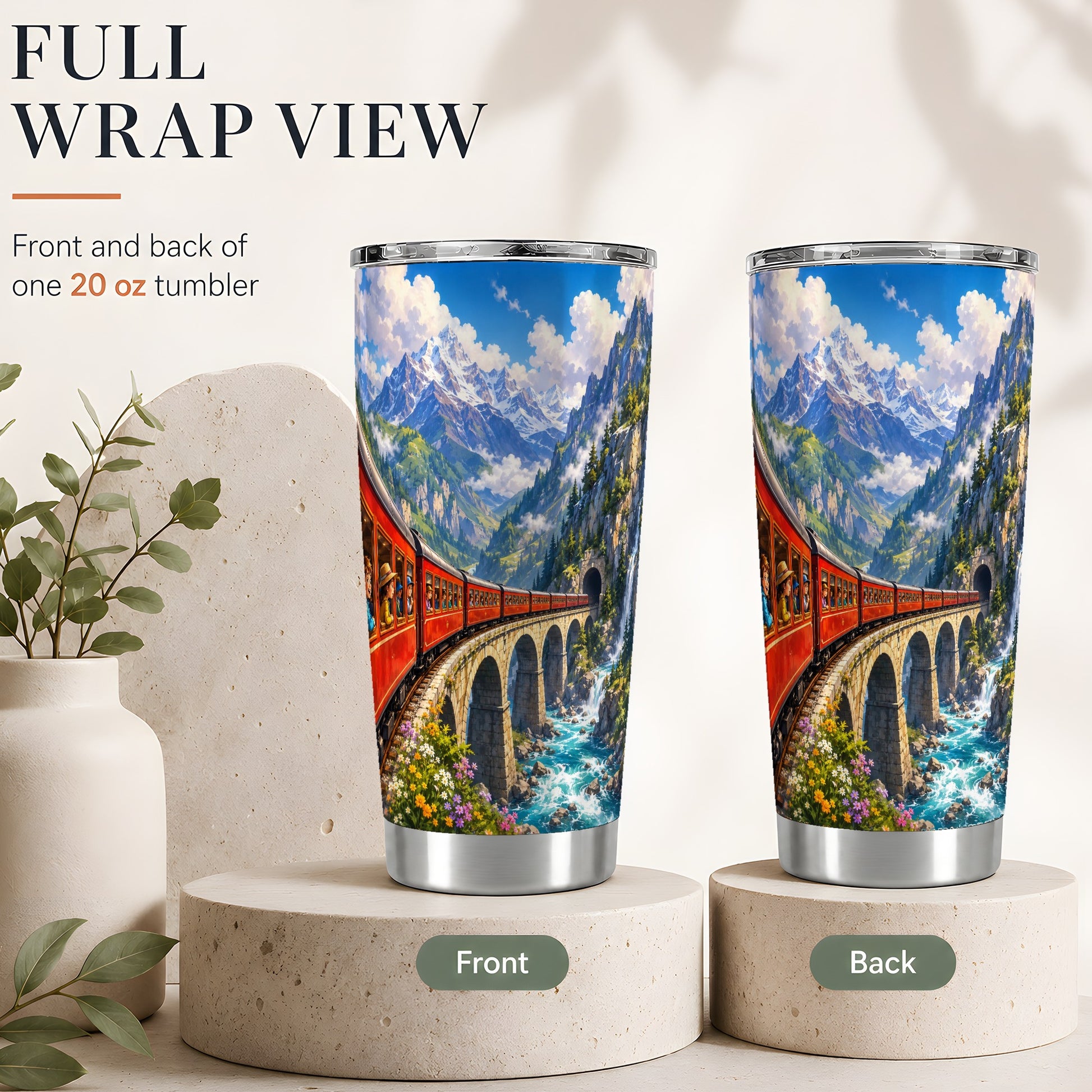 #pl[20oz|Steel] Mountain Train 20oz Skinny Tumbler, Red Alpine Railway Bridge