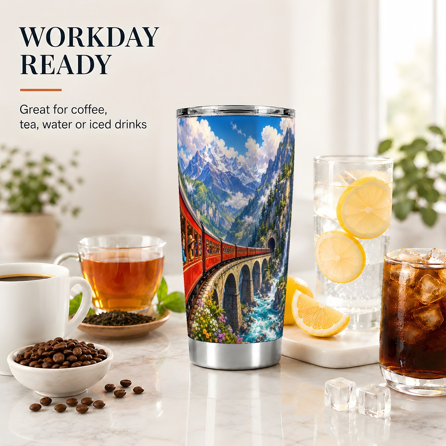 #pl[20oz|Steel] Mountain Train 20oz Skinny Tumbler, Red Alpine Railway Bridge