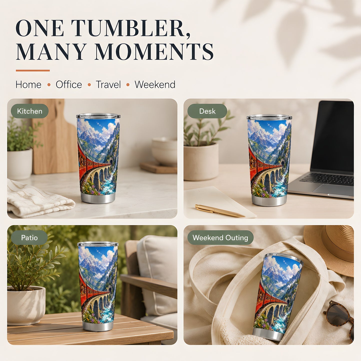 #pl[20oz|Steel] Mountain Train 20oz Skinny Tumbler, Red Alpine Railway Bridge