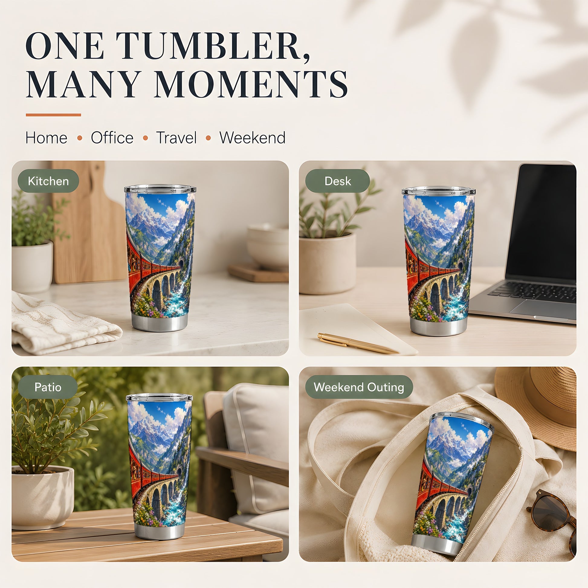 #pl[20oz|Steel] Mountain Train 20oz Skinny Tumbler, Red Alpine Railway Bridge