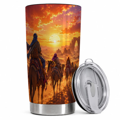 Desert Caravan 20oz Skinny Tumbler, Camel Journey Sunset Scene