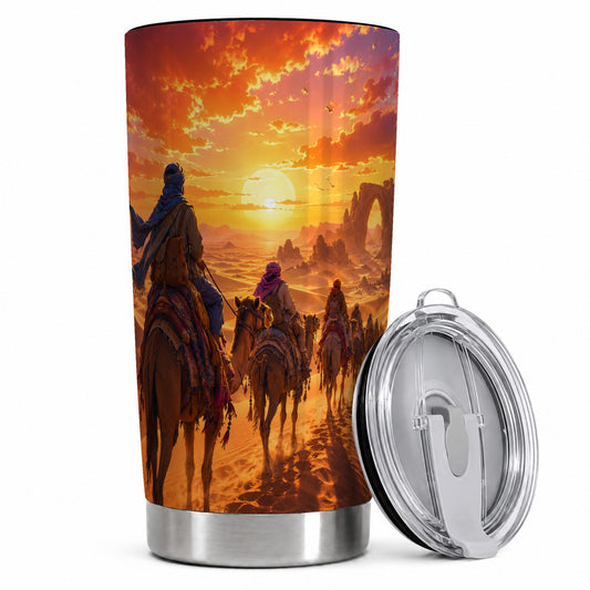 Desert Caravan 20oz Skinny Tumbler, Camel Journey Sunset Scene