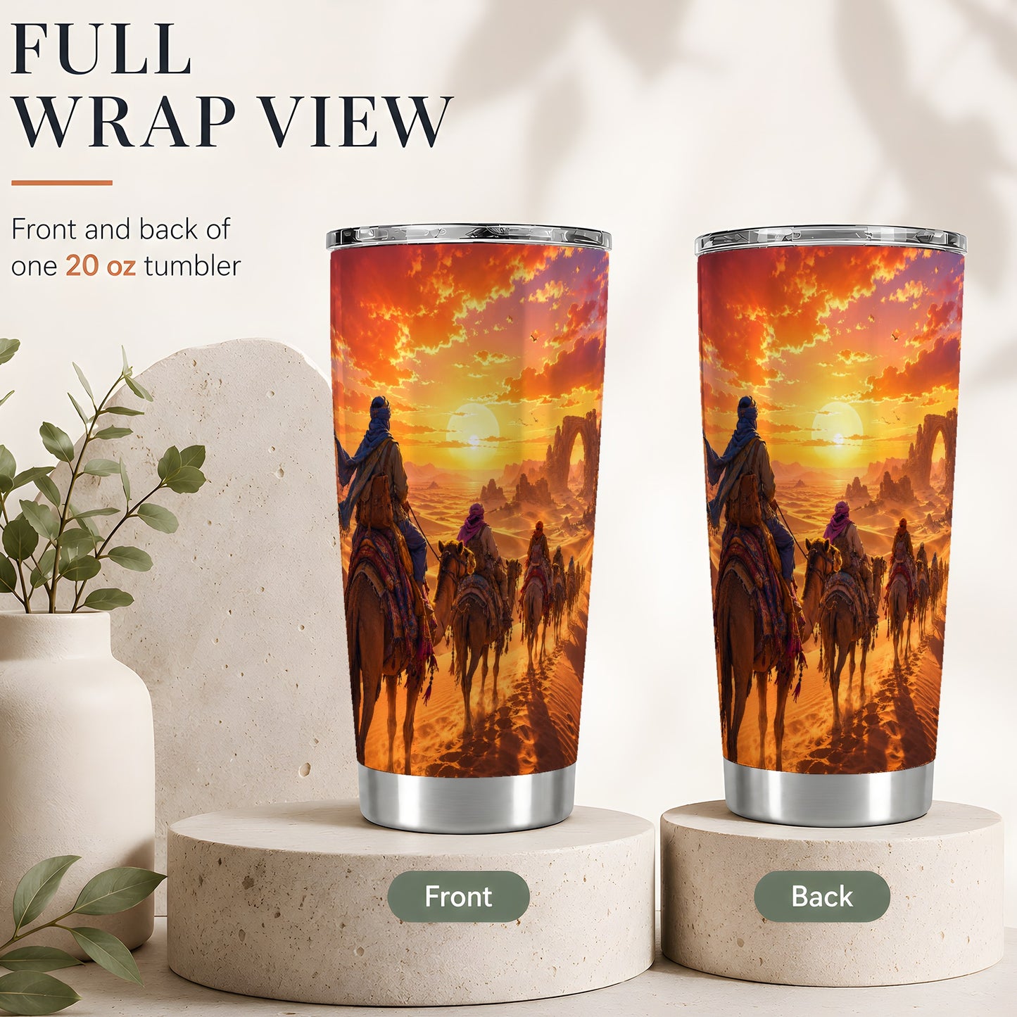 #pl[20oz|Steel] Desert Caravan 20oz Skinny Tumbler, Camel Journey Sunset Scene