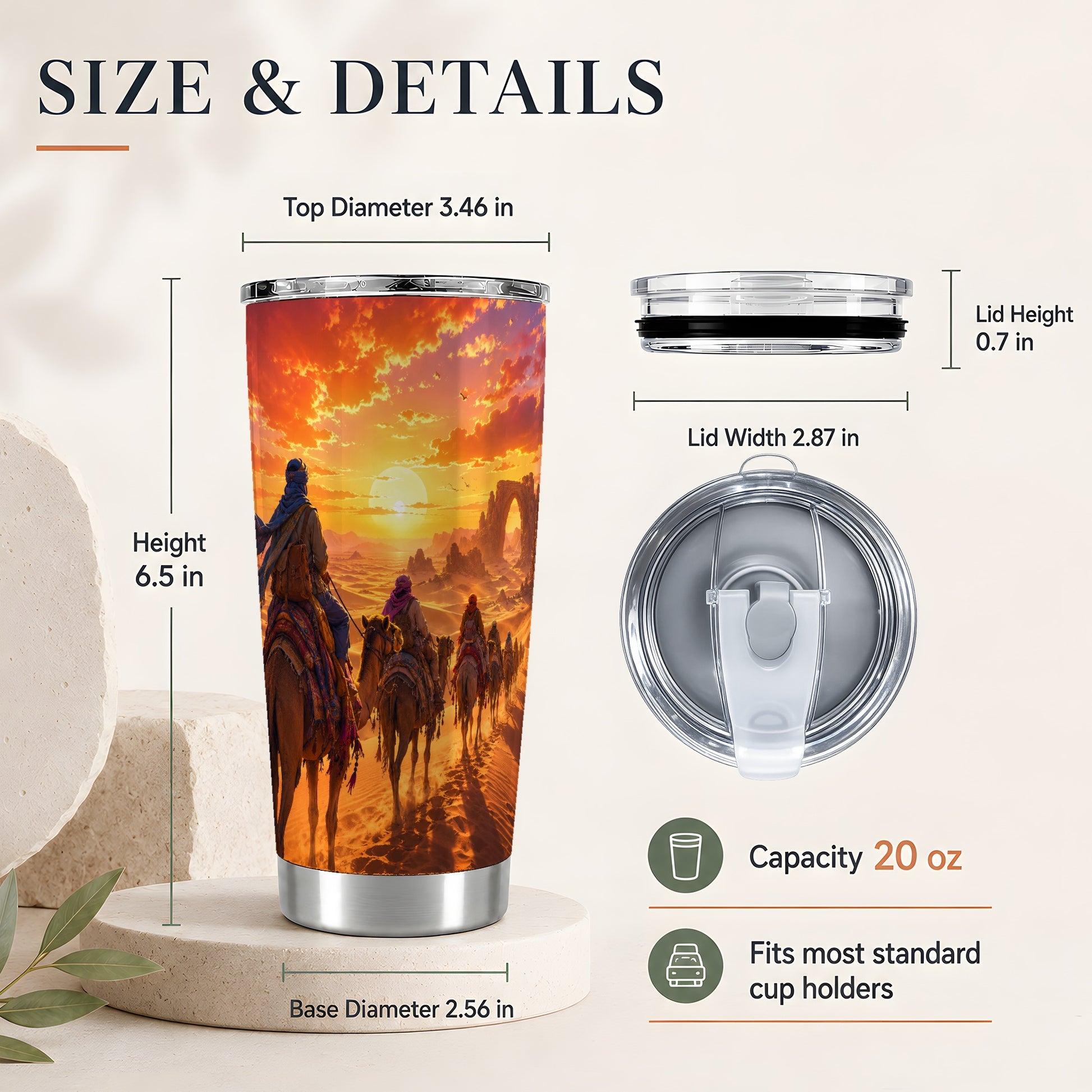#pl[20oz|Steel] Desert Caravan 20oz Skinny Tumbler, Camel Journey Sunset Scene