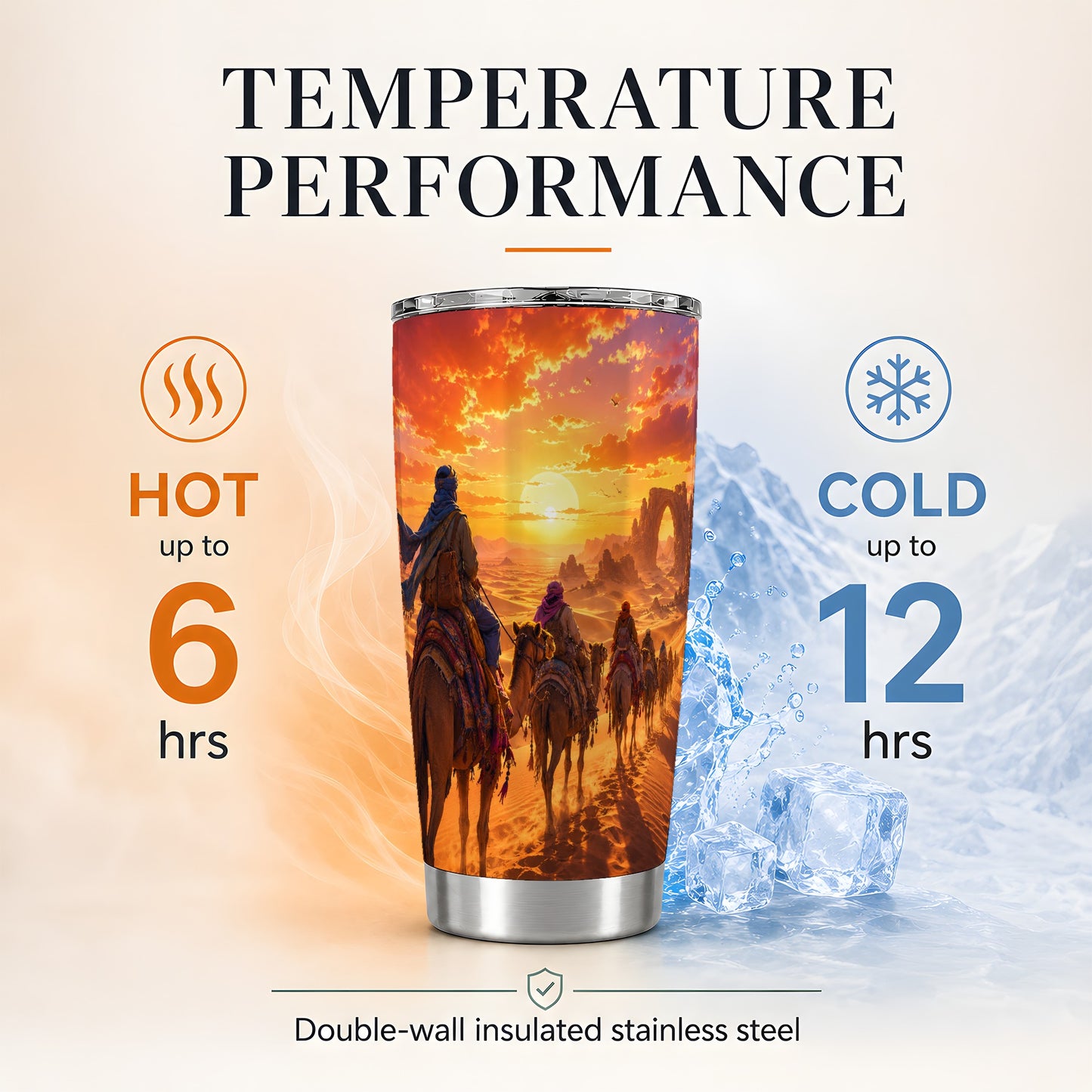 #pl[20oz|Steel] Desert Caravan 20oz Skinny Tumbler, Camel Journey Sunset Scene